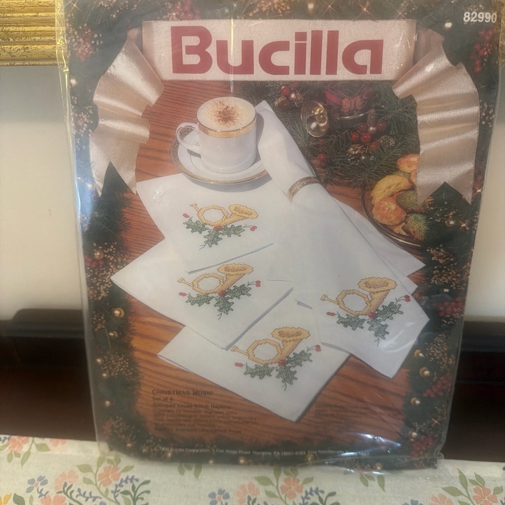 Bucilla Festive White Napkin Set with Gold and Green Design Stamped cross-stitch